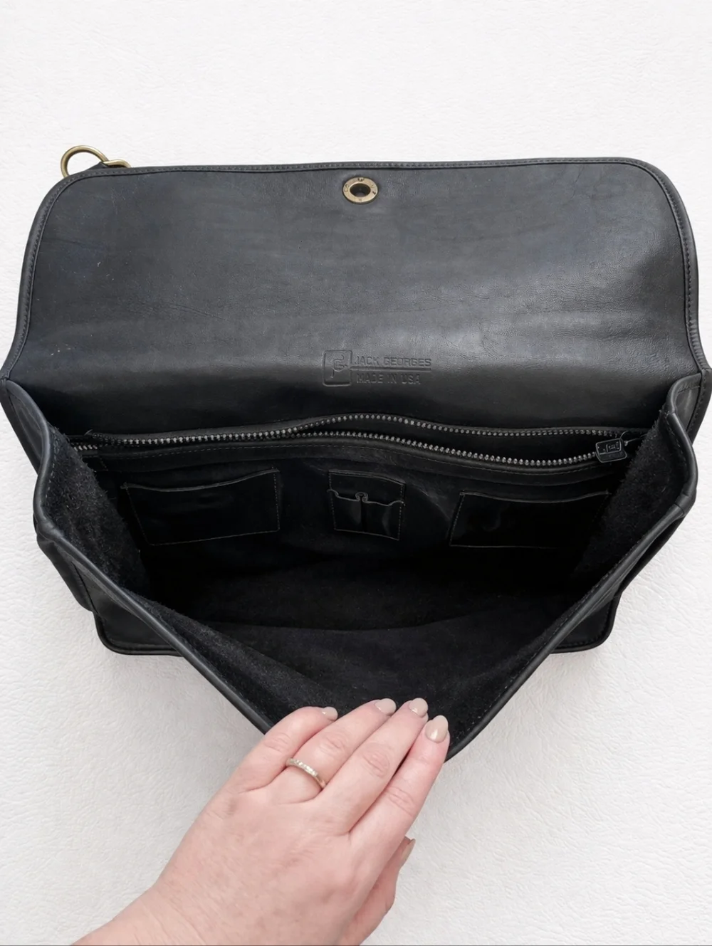 Vintage Jack Georges Black Leather Briefcase Messenger Bag Made in USA Turn Lock